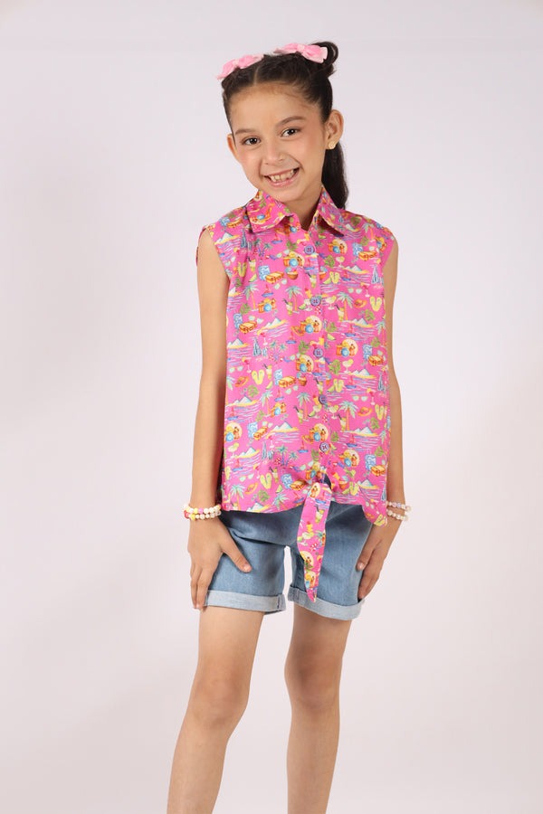 Stitched-Cotton-Dobby-Printed-Sleeveless-Collared-Shirt-With-Front-Knot -For-Kids